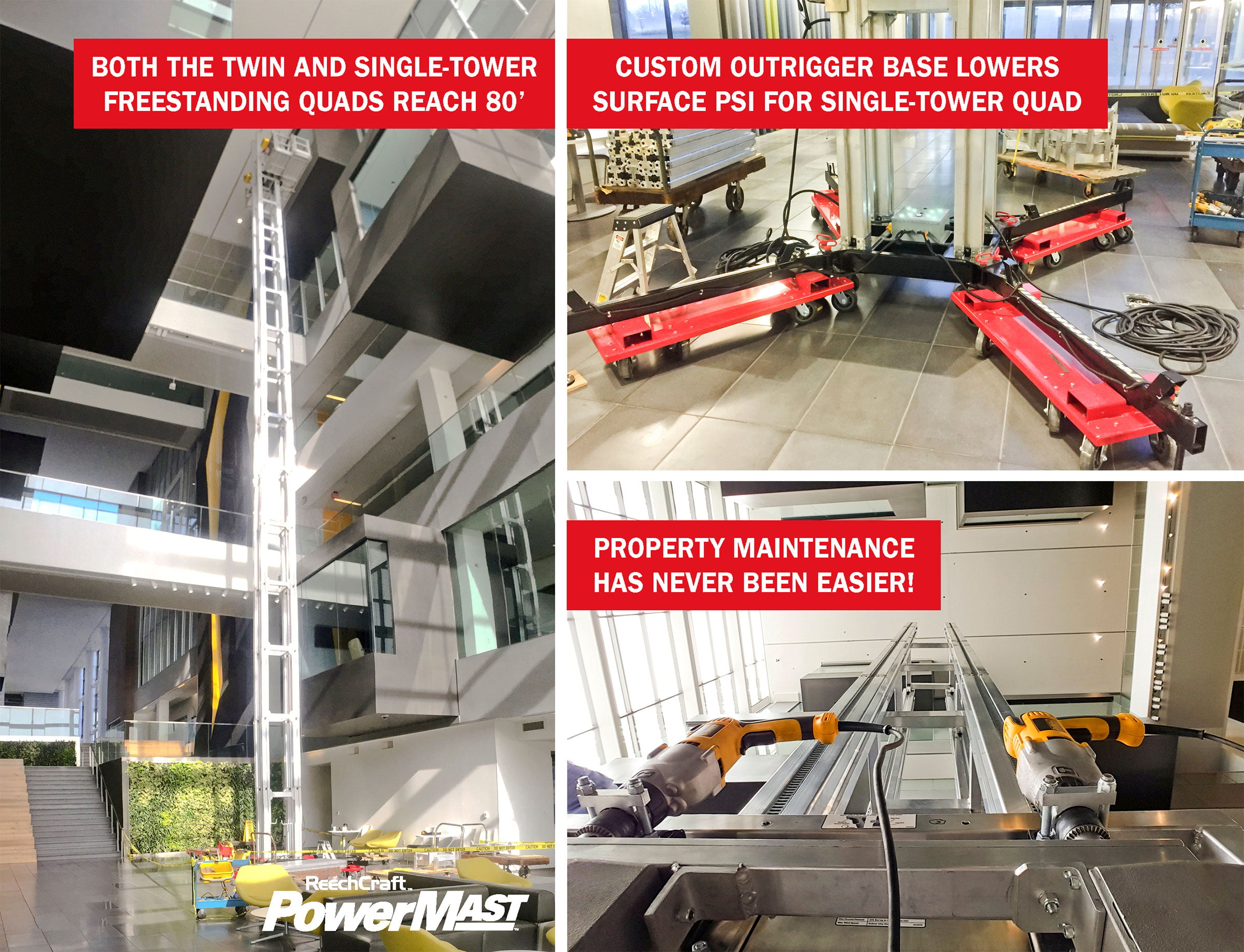 PowerMast GoodYear Tire Both the Twin and Single-Tower Freestanding Quads Reach 80 feet.