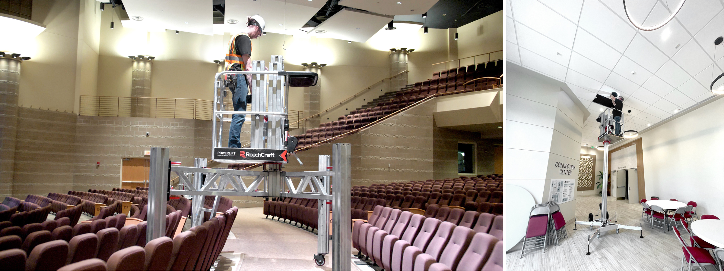 PL-X Electrician Blog (1) Person uses the PowerLift to navigate maintenance in an auditorium.