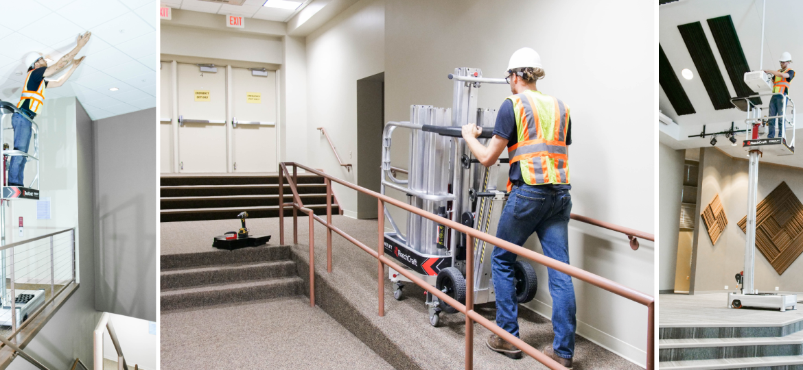 Image shows person pushing disassembled a PowerLift and two different use cases.