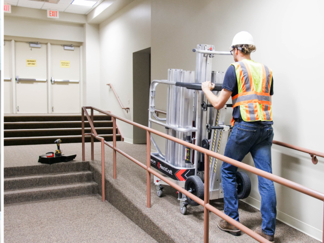 Image shows person pushing disassembled a PowerLift and two different use cases.