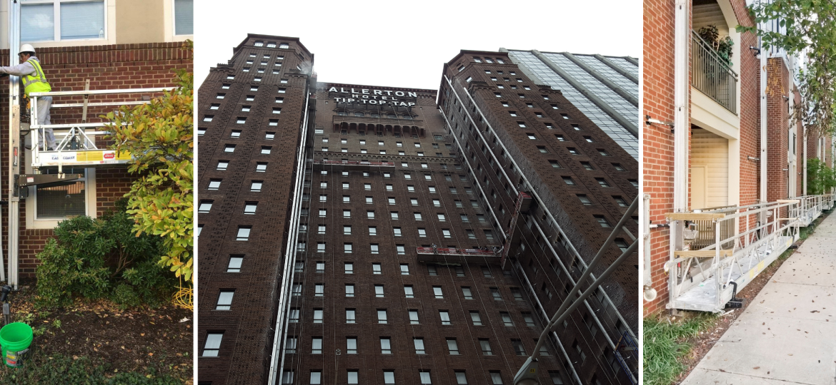 The PowerMast is used on three separate buildings to complete work.