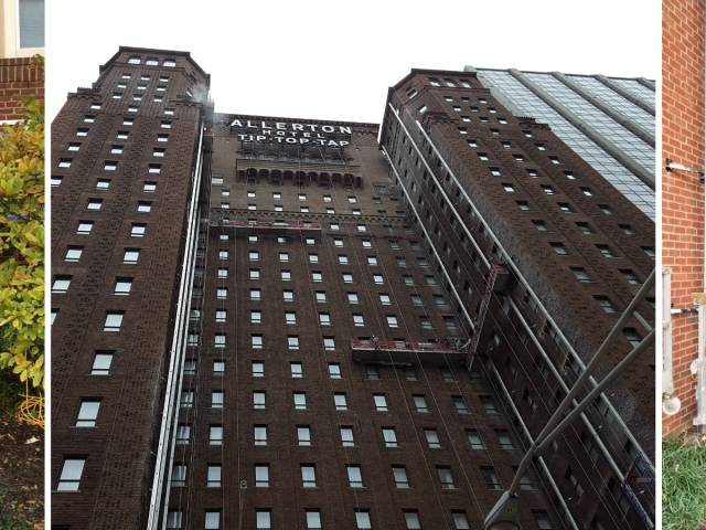 The PowerMast is used on three separate buildings to complete work.