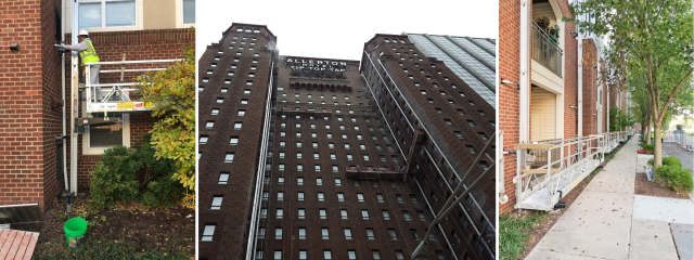 The PowerMast is used on three separate buildings to complete work.