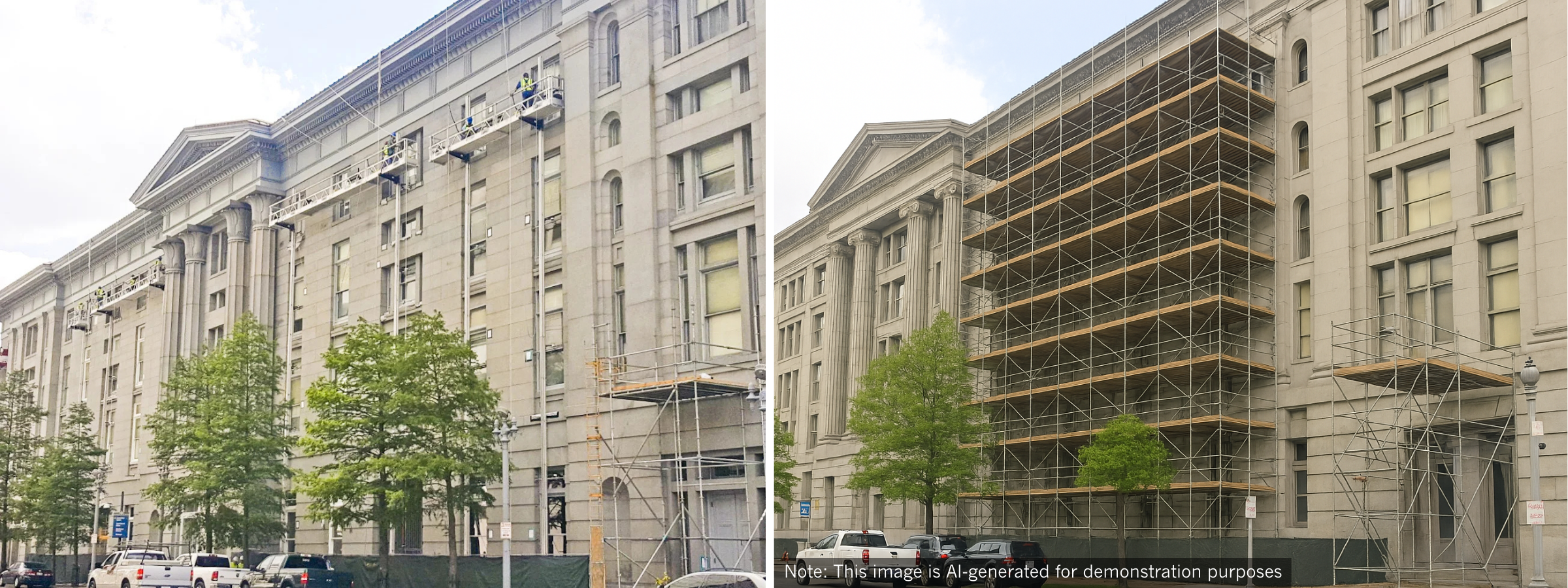 One building is shown with the PowerMast and one is shown with scaffolding. The PowerMast covers minimal parts of the building, while the scaffolding covers majority of the building.