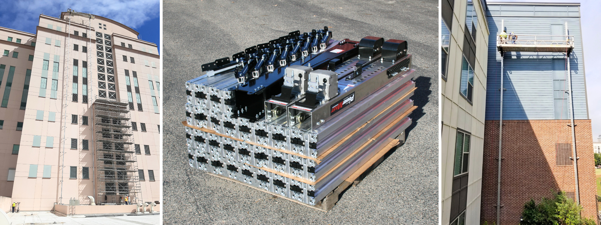 Set Up & Portability The system is displayed on two different buildings and shown in a compact stack.