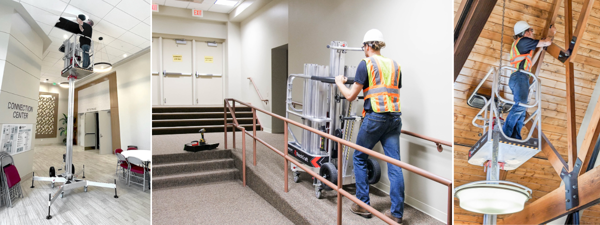 Three scenes showing workers using ReechCraft PowerLift equipment indoors: Left: A worker elevated on a PowerLift platform installing a ceiling panel in a modern lobby with chairs and signage visible. Center: A worker in a safety vest and hard hat pushing a compact PowerLift unit up a carpeted ramp in a hallway. Right: A worker elevated on a PowerLift platform performing maintenance on wooden beams near a ceiling light fixture in a high-ceilinged room.