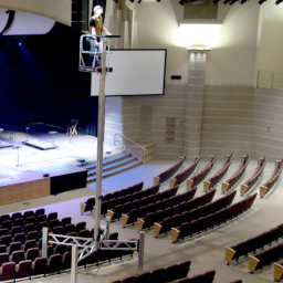 Two scenes showing workers using ReechCraft PowerLift equipment indoors: Left: A large auditorium with rows of seating and a stage under bright spotlights; a worker is elevated high on a PowerLift platform near the ceiling, performing maintenance or installation work. Right: A worker on a PowerLift platform reaching up to adjust ceiling panels in a modern interior space with a railing and light-colored walls.