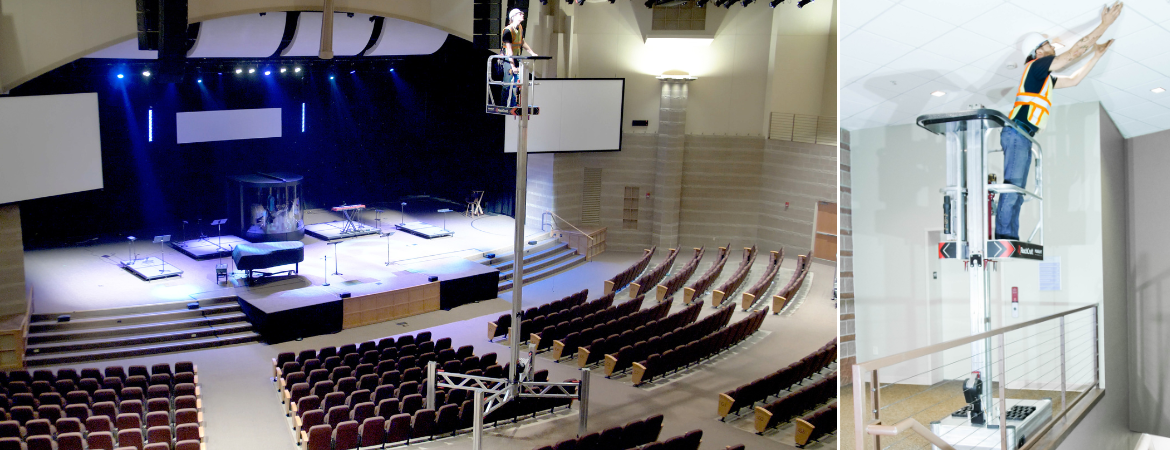 Two scenes showing workers using ReechCraft PowerLift equipment indoors: Left: A large auditorium with rows of seating and a stage under bright spotlights; a worker is elevated high on a PowerLift platform near the ceiling, performing maintenance or installation work. Right: A worker on a PowerLift platform reaching up to adjust ceiling panels in a modern interior space with a railing and light-colored walls.