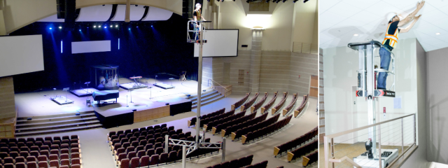 Two scenes showing workers using ReechCraft PowerLift equipment indoors: Left: A large auditorium with rows of seating and a stage under bright spotlights; a worker is elevated high on a PowerLift platform near the ceiling, performing maintenance or installation work. Right: A worker on a PowerLift platform reaching up to adjust ceiling panels in a modern interior space with a railing and light-colored walls.