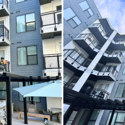 Two views of a multi-story apartment complex from the courtyard. The left image shows workers conducting apartment maintenance on ReechCraft's PowerMast. The right image shows the building facade with multiple balconies and overhangs.