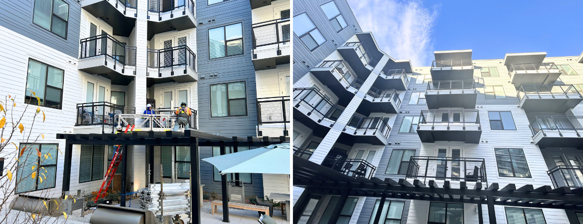 Two views of a multi-story apartment complex from the courtyard. The left image shows workers conducting apartment maintenance on ReechCraft's PowerMast. The right image shows the building facade with multiple balconies and overhangs.