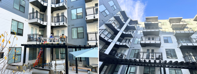 Two views of a multi-story apartment complex from the courtyard. The left image shows workers conducting apartment maintenance on ReechCraft's PowerMast. The right image shows the building facade with multiple balconies and overhangs.