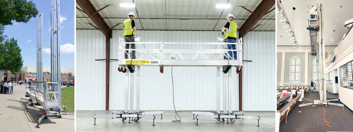 Three views of PowerMast systems used for building work.