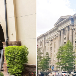 Construction workers using PowerMast scaffolding systems on different building facades.