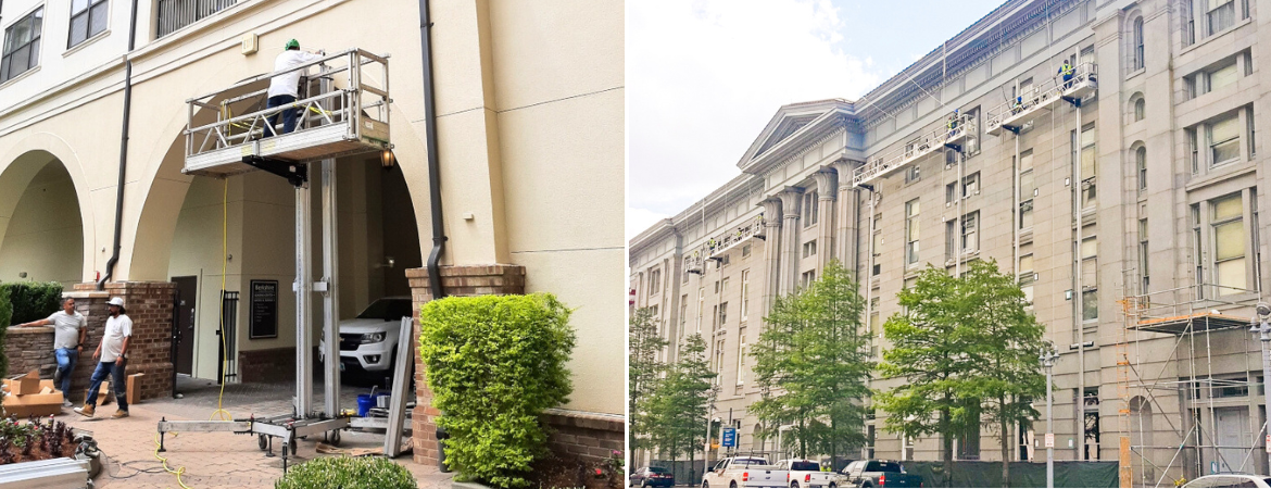 Construction workers using PowerMast scaffolding systems on different building facades.