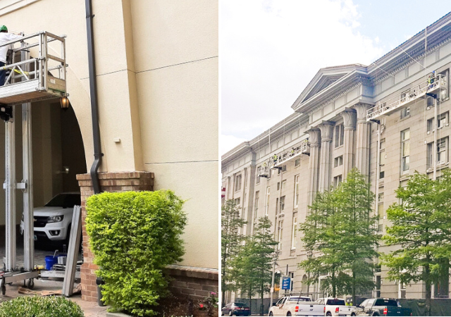 Construction workers using PowerMast scaffolding systems on different building facades.