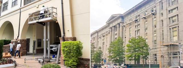 Construction workers using PowerMast scaffolding systems on different building facades.