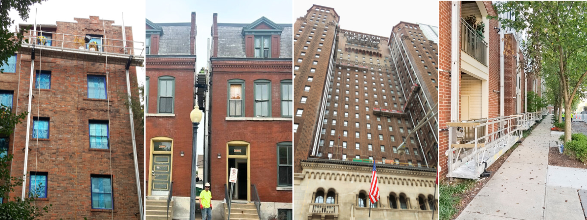PowerMast providing safe elevated access for workers during building restoration.