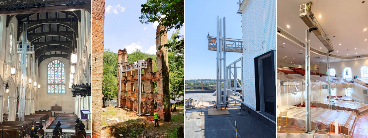 Four different applications of the PowerMast providing safe elevated access for workers during building restoration.