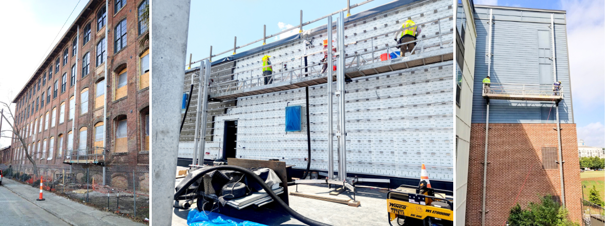 Three views of PowerMast systems used for exterior building work, including brick and metal structures.