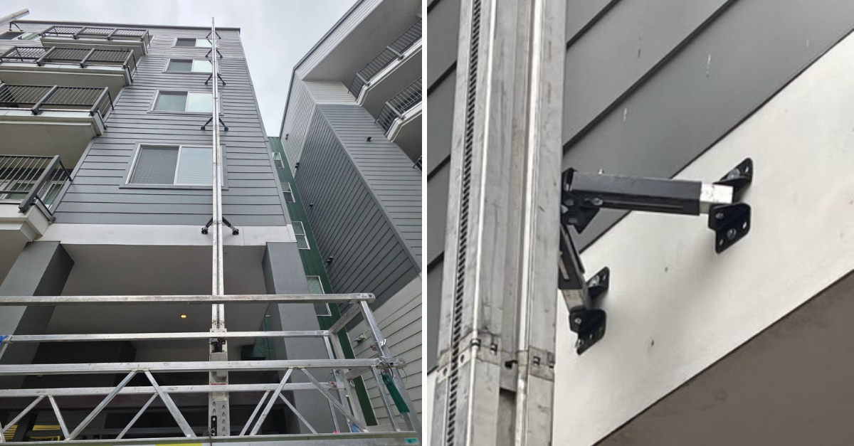 The left images shows a tall apartment building with a wall-tied PowerMast system installed. The right image shows a close up of a wall tie.
