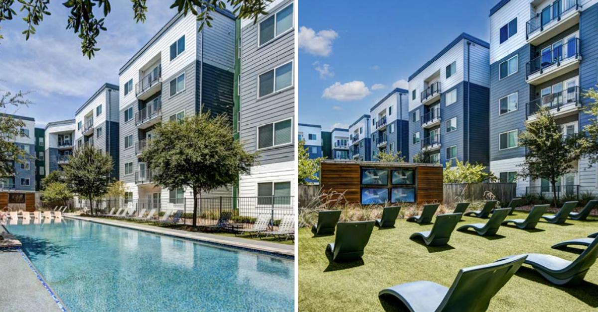 Two views of a multi-story apartment complex from the courtyard, showing the building facade with multiple balconies and overhangs.