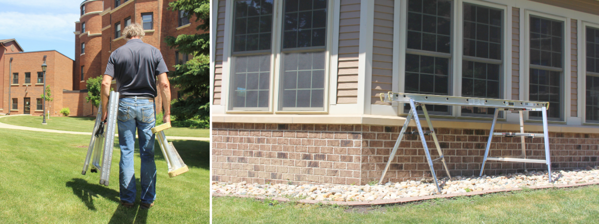 A person carries a folded multi-purpose ladder across a grassy area near a red-brick building, while the same ladder is shown set up as a scaffold on decorative rocks beside a beige-sided building—demonstrating its portability and versatility for different work environments.